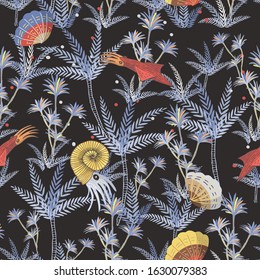 Vector image of spawns and shells, as well as squid and ammonites on a dark background. Seamless pattern for textile, wallpaper and wrapping paper.