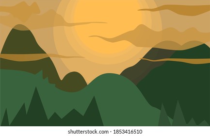 The vector image with spectacular views of mountain scenery. The sun is rising above the landscape. 