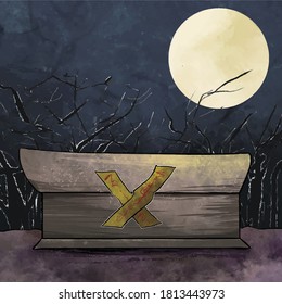 Vector image of a spellbound coffin placed in the woods. Moon shinning night. Hand drawn and cartoon style.