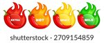 Vector image of spiciness level, chili pepper icons in the shape of a flame. Labels for sauce packaging, menu tags, and restaurant spiciness indicators. Element for your design.