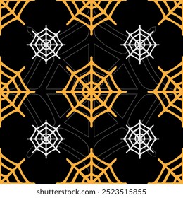 Vector image of spider webs for Halloween. Seamless horizontal pattern with insects in doodle style. Image for textiles, packaging and wallpaper. Festive background for Halloween.