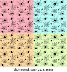 Vector image with spiders and cobwebs in black, which can be used as a pattern for fabric,
 for clothes, for wallpaper, for packaging for Halloween, for example
