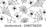 Vector image of spiders and webs for Halloween. Seamless horizontal pattern with insects in doodle style. Image for textiles, packaging and wallpaper. Festive background for Halloween.