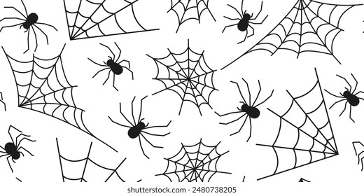 Vector image of spiders and webs for Halloween. Seamless horizontal pattern with insects in doodle style. Image for textiles, packaging and wallpaper. Festive background for Halloween.