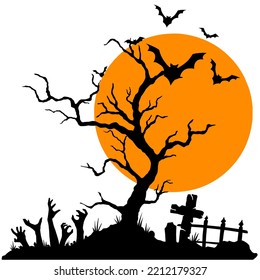 vector image of spooky tomb with hands rising from the grave, there is a moon, bats, pumpkins and bats flying near the tree. eps format