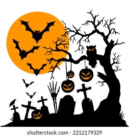 vector image of spooky tomb with hands rising from the grave, there is a moon, bats, pumpkins and bats flying near the tree. eps format