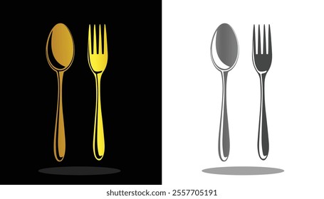 vector image of a spoon and fork in cool gold color and on a black and white background