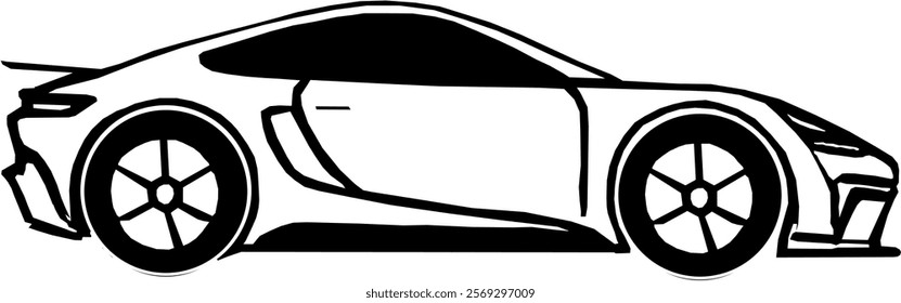 A vector image of a sports car with a dynamic design, low profile, and aggressive lines. Bold outlines emphasize aerodynamic shapes and powerful wheels, reflecting speed and strength of the vehicle