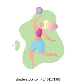 
Vector image, sports girl. Color characters play sports. A girl plays volleyball, indulges in fitness. Bright colors, gradients. Stylized image.