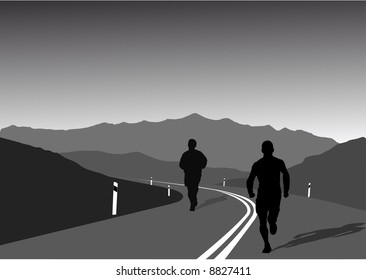 vector image of sportsmen running on a mountain road-a healthy lifestyle and concept