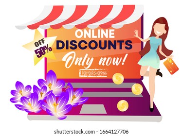 Vector image. Spring discounts and cashback. Design of a website, mobile application, banner or flyer. Girl on a laptop with a credit card for contactless payment.
