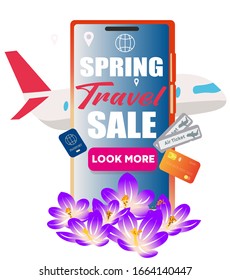 Vector image. Spring discounts on travel packages, tourism. Vector template for website, banner, travel agency.
