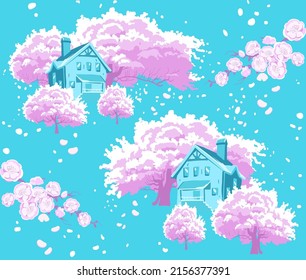Vector image. Spring, houses surrounded by flowering trees on a blue background