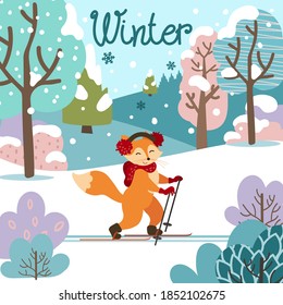 vector image, square, fox rides through a snow-covered forest on skis, inscription, winter, falling snow, color drawing, children's print