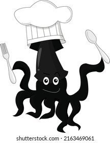 Vector image of a squid black and white, food, design style, animal, art, symbol, logo, Illustrator, on white background