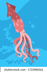 Vector image of Squid on blue background with silhouette of waves and algae. Gift card for collecting for children.