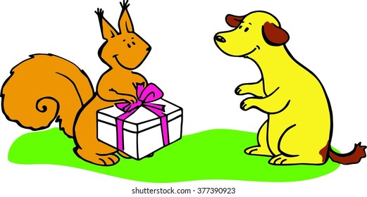 Vector image of a squirrel giving a present to a dog
