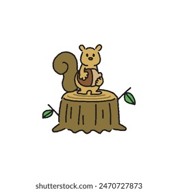 Vector image of squirrel holding pinecone on tree stump