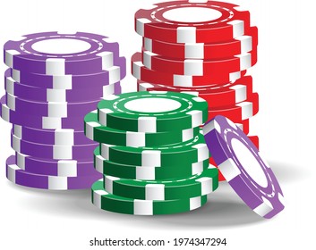 Vector image of a stack of pocker chips of different colors ( red, green, violet) isolated on the white background.