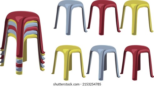 Vector image of stackable small plastic stools. Set could be used to pile them up in any order. Suitable for nurseries, kid bedrooms and outdoor seating.