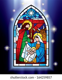 Vector image of the stained glass window depicting Christmas scene against a luminescent blue background with stars