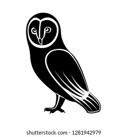 Vector image of standing owl, black and white on an isolated white background