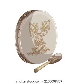 Vector image of a standing tambourine with a mallet lying next to it, isolated on a white background. In cartoon style. EPS 10