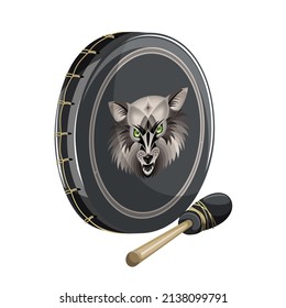 Vector image of a standing tambourine with a mallet lying next to it, isolated on a white background. In cartoon style. EPS 10