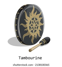 Vector image of a standing tambourine with a mallet lying next to it, isolated on a white background. In cartoon style. EPS 10