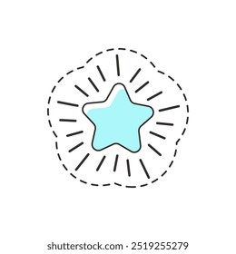 Vector image of a starburst with a light blue star, designed as a sticker with a dashed outline.