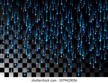 Vector image. Stars rain blue, beautiful falling from the sky star, meteor falls shines a lot of lights, star lights . Realistic 3D illustration isolated on a transparent background.