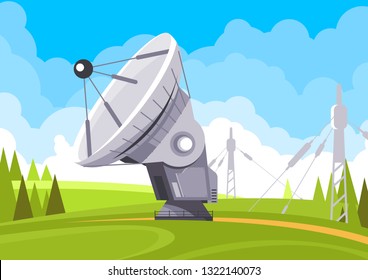 vector image of a stationary satellite dish on the background of a summer landscape