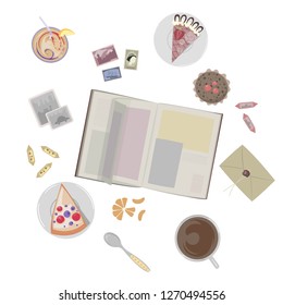 Vector image. Stationery, books, sweets, cakes, coffee, juice