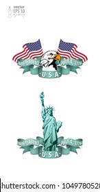 Vector image with the Statue of Liberty, the flag of the United States of America and the head of the bald eagle. US symbols.