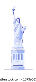 Vector image of the Statue of Liberty in New York, in cool purple tones with lines on a pattern