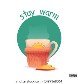 Vector image. Stay warm. Mug with hot tea and gingerbread.
