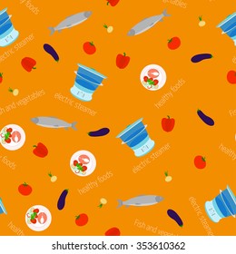 Vector image of the steamer and the ingredients for cooking. Seamless pattern.
