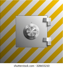 Vector Image of a steel safe. Armored box background. The door of a bank vault with a combination lock. Reliable Data Protection. Long-term savings. Deposit box icon.Protection of personal information