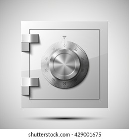 Vector Image of a steel safe. Armored box background. The door of a bank vault with a combination lock. Reliable Data Protection. Long-term savings. Deposit box icon.Protection of personal information