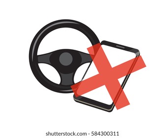 Vector image of a steering wheel and a mobile phone with a cross