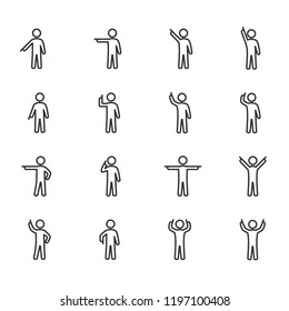 Vector image of stick figures of a person pointing a finger line icons.