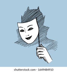 Imagen vectorial de una máscara de bastón con una expresión alegre y sombra humana detrás de ella en un fondo azul.