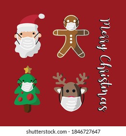  Vector image Sticker designs. Santa Claus, tree, gingerbread cookie and a reindeer with a mask. Funny images to decorate.