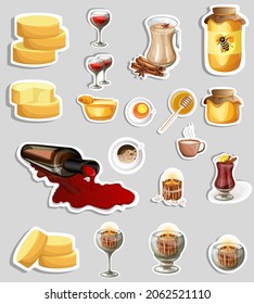 Vector image of stickers of booze, snacks and suitable decor for a feast. Cartoon style. EPS 10