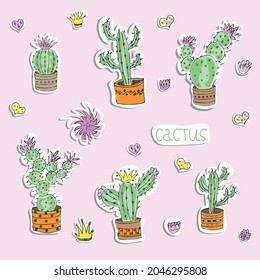 Vector image of stickers of cactus in pots. Cartoon style. Isolated on a white background. EPS 10