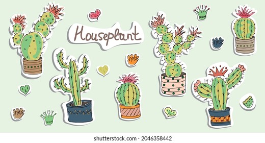 Vector image of stickers of cactus in pots. Cartoon style. Isolated on a white background. EPS 10