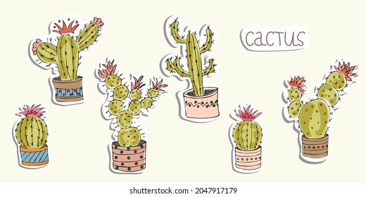 Vector image of stickers of cactus in pots. Cartoon style. Isolated on a white background. EPS 10