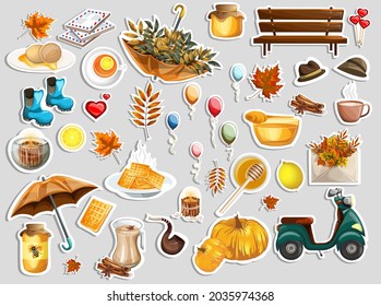 Vector image of stickers with elements symbolizing the fall and food related to the fall season. Cartoon style. EPS 10