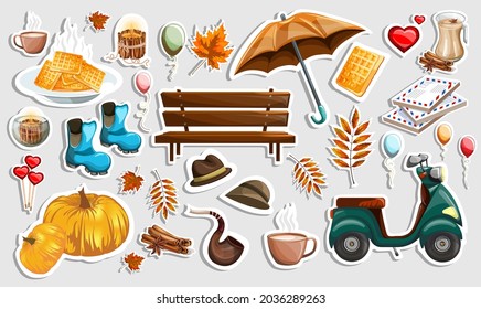 Vector image of stickers with elements symbolizing the fall and food related to the fall season. Cartoon style. EPS 10