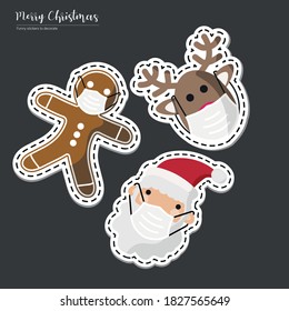 Vector image. Stickers of Santa Claus, gingerbread cookie and a reindeer with a mask. Funny image to decorate.